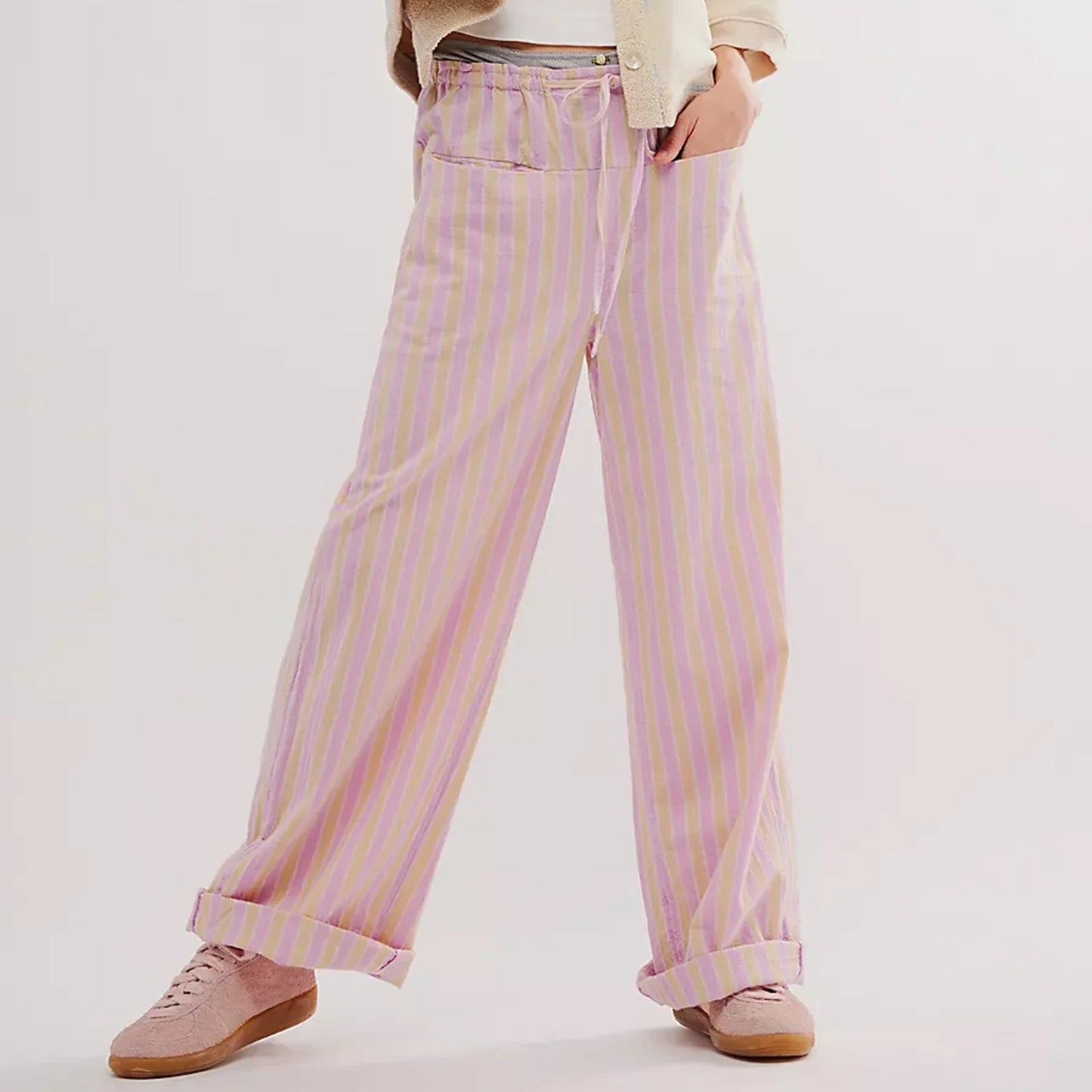 Baggy Drawstring Wide Striped Loose Multiple Pockets Fashion Casual Pants