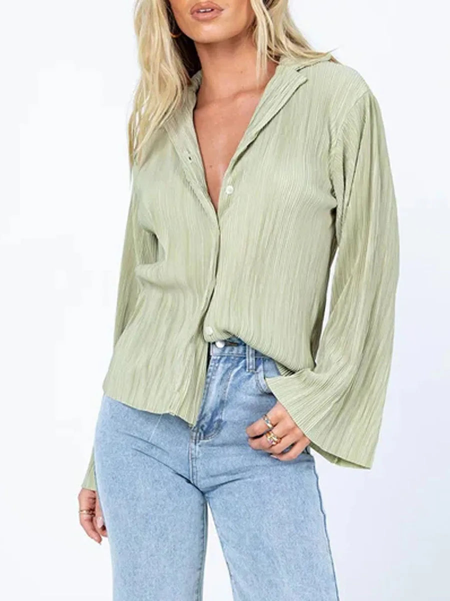 Solid Long Sleeve Button Down V Neck Lapel Shirt Casual Blouse