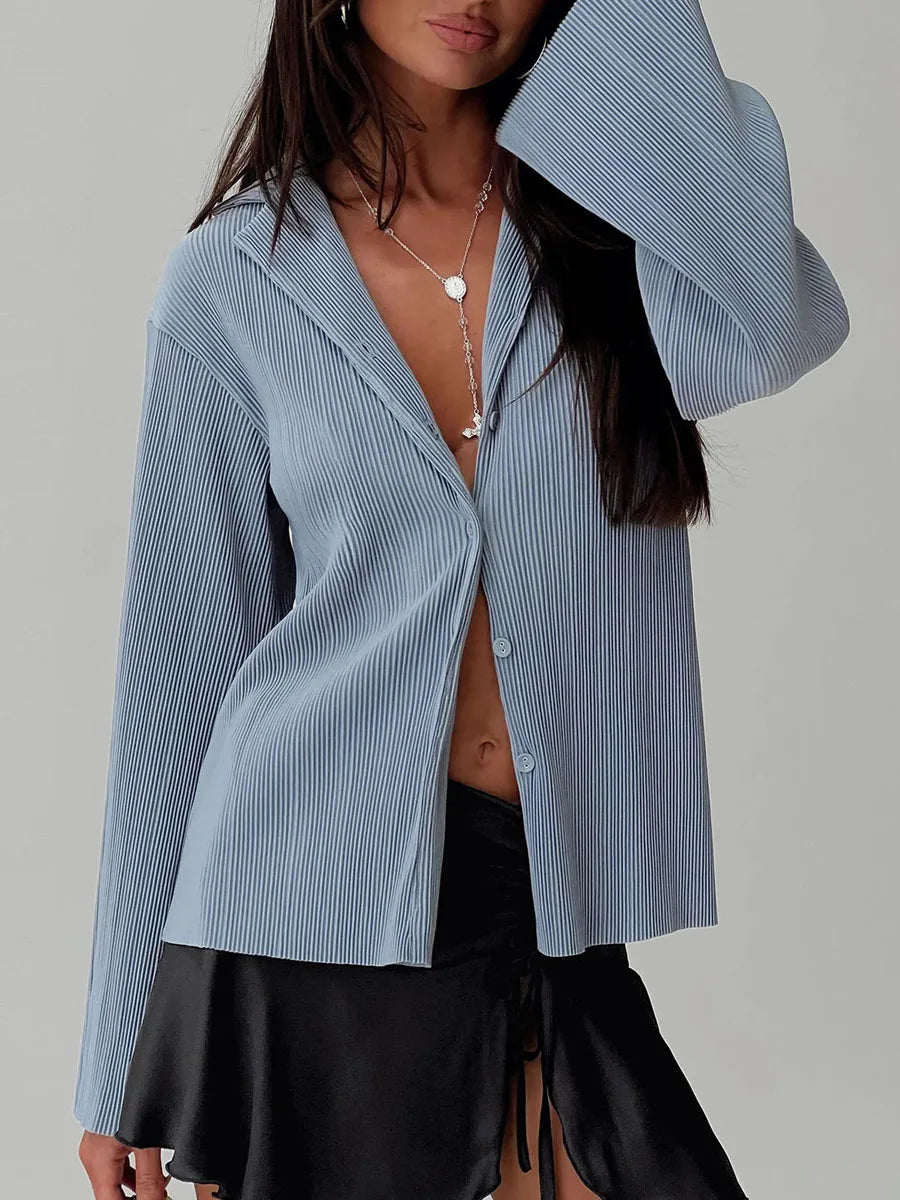 Solid Long Sleeve Button Down V Neck Lapel Shirt Casual Blouse