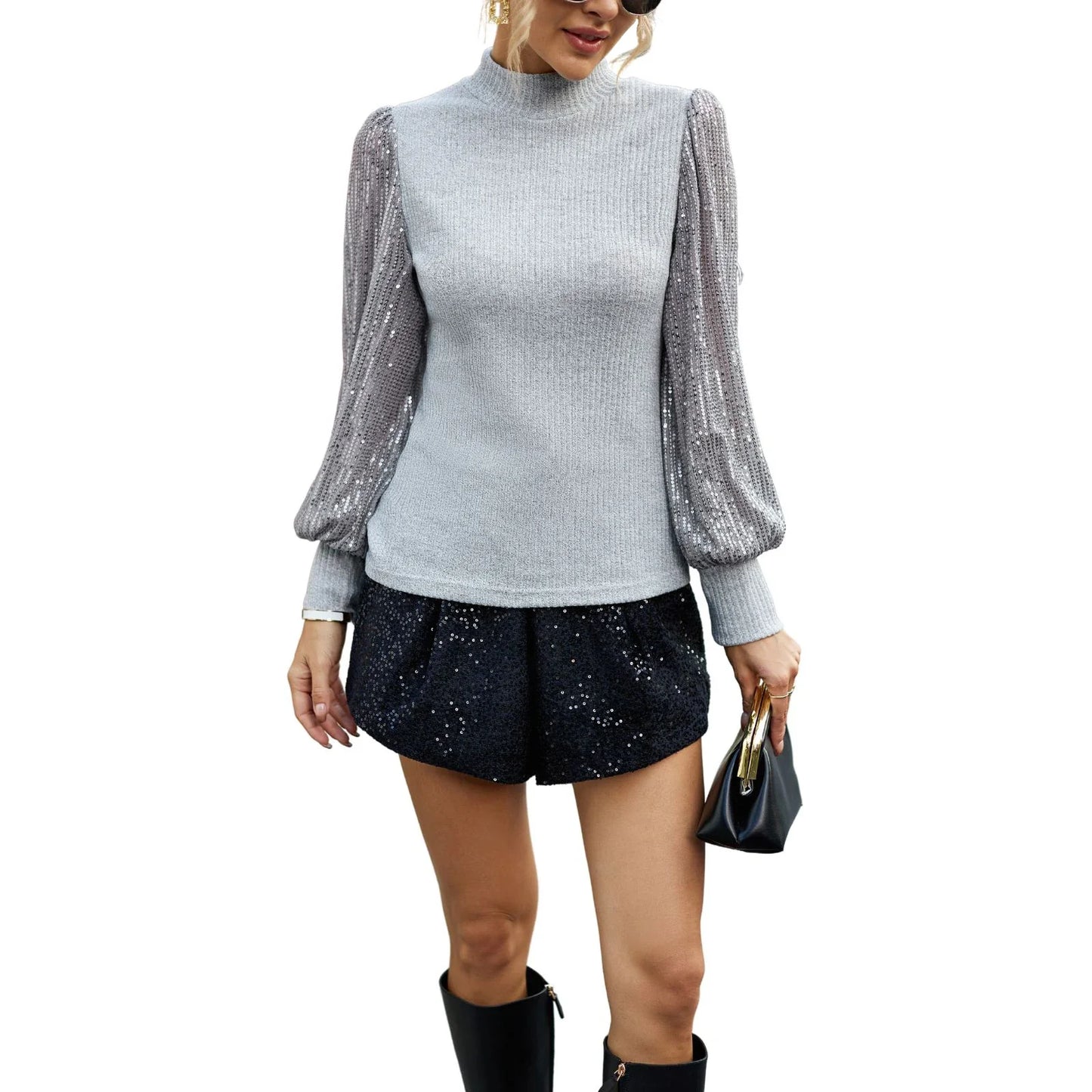 Casual Knit Turtleneck Shiny Sequined Patchwork Spring Fall Pullover Blouse Streetwear Women T-shirt