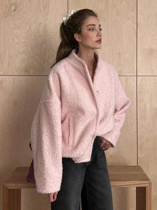 Casual Pink Loose Bomber Autumn Chic Single Breasted Stand Collar Long Sleeve Stylish Coat