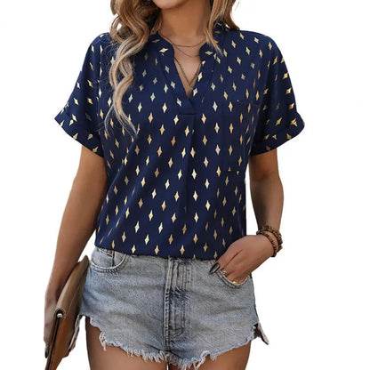 Women Shirt V-Neck Short Sleeve Tunic Loose Fit Breathable Blouse