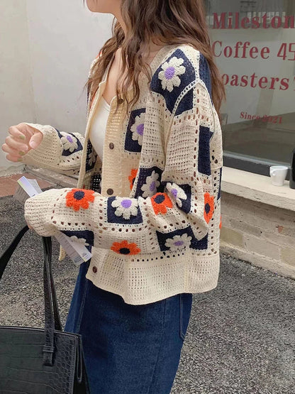 Flower Long Sleeve Knitted Streetwear Crochet Blouse