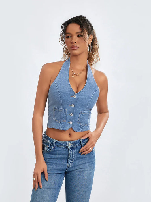 Denim Sleeveless Low Cut Backless Button Down Summer Crop Trendy Top