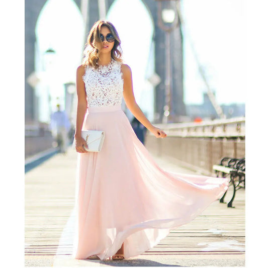 Party Cocktail Wedding Bridesmaid Pink Sleeveless Casual Lace Maxi Formal Dress