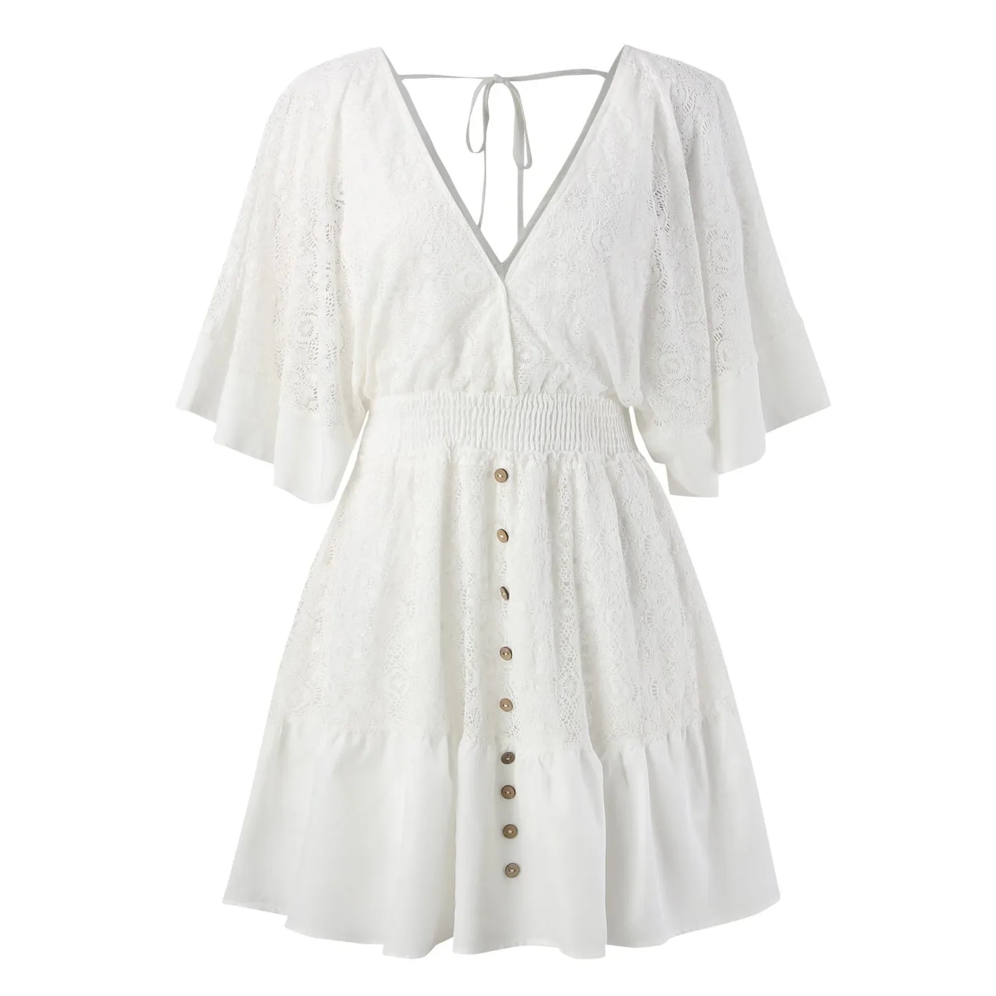 Lace V Neck Batwing Backless Crochet Ruffles White Long Sleeve Mini Elegant Dress