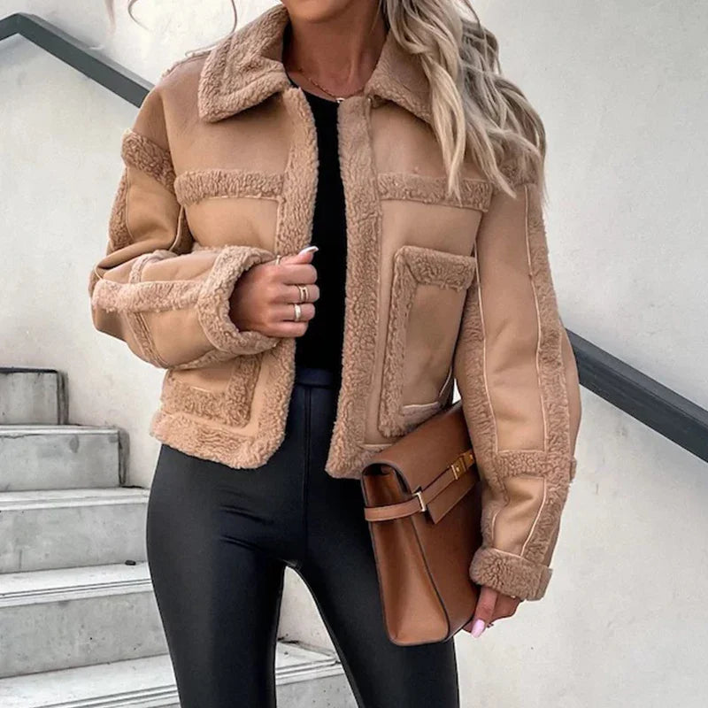 Women Leather Stitching Cardigans Fall Casual Long Sleeve Slim Short Jacket Coat