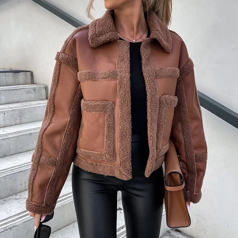 Women Leather Stitching Cardigans Fall Casual Long Sleeve Slim Short Jacket Coat