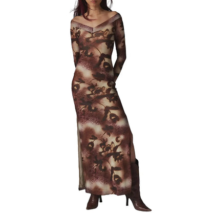 Retro Tie-Dye Floral V-Neck Long Sleeve Bodycon Spring Fall Slit Off Shoulder Maxi Elegant Dress