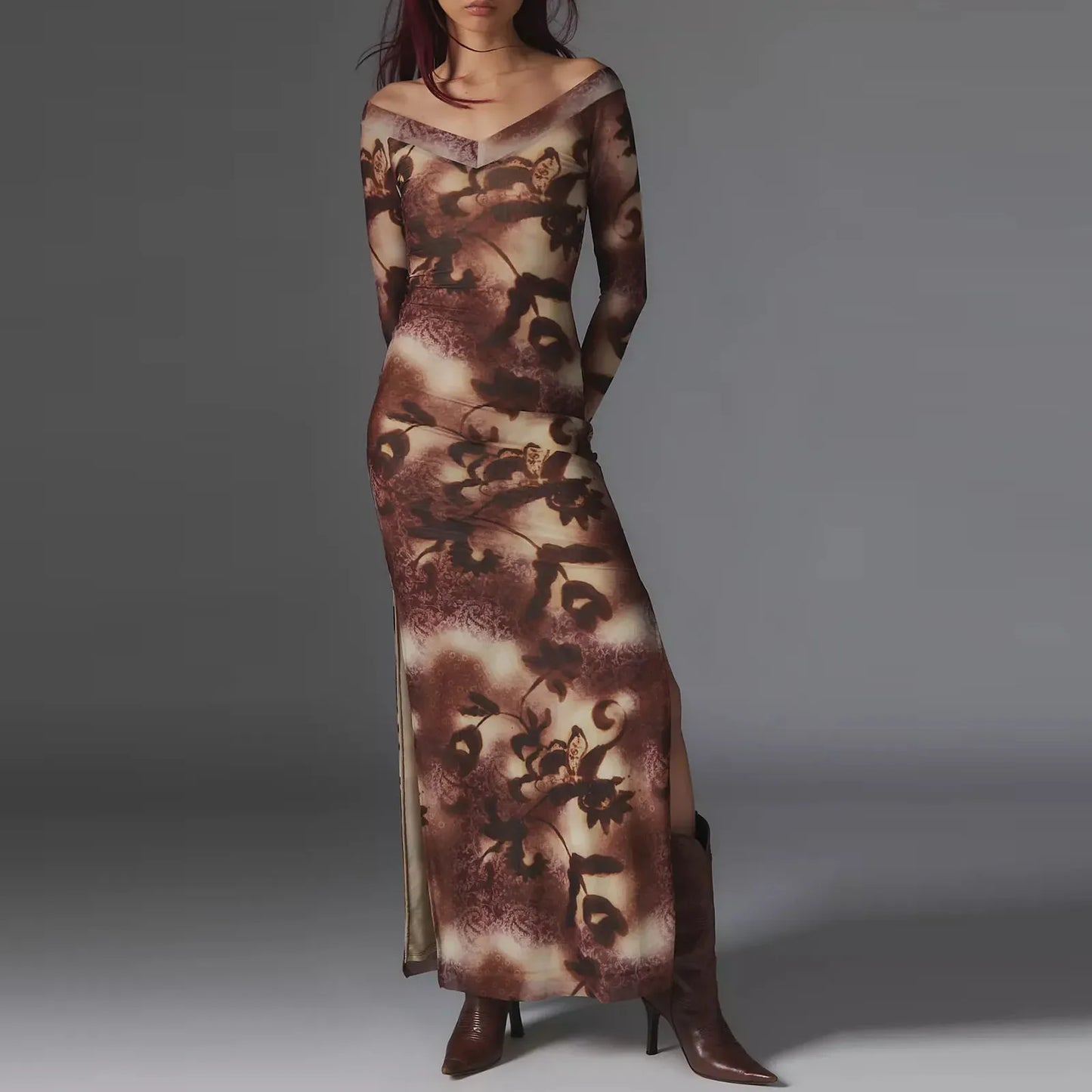 Retro Tie-Dye Floral V-Neck Long Sleeve Bodycon Spring Fall Slit Off Shoulder Maxi Elegant Dress