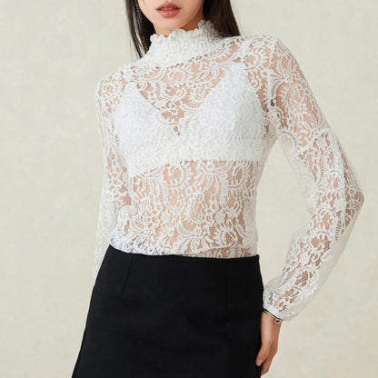 Spring Summer T-shirt Long Sleeve Turtleneck See-through Lace Floral Sheer Clubwear Elegant T-shirt