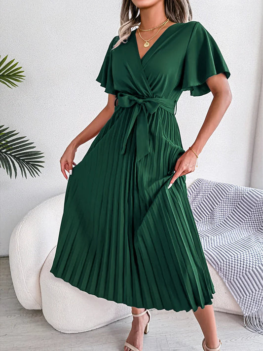 Summer Belted Pleated V Neck Short Flounce Sleeve Casual Solid Color Maxi Elegant Dress