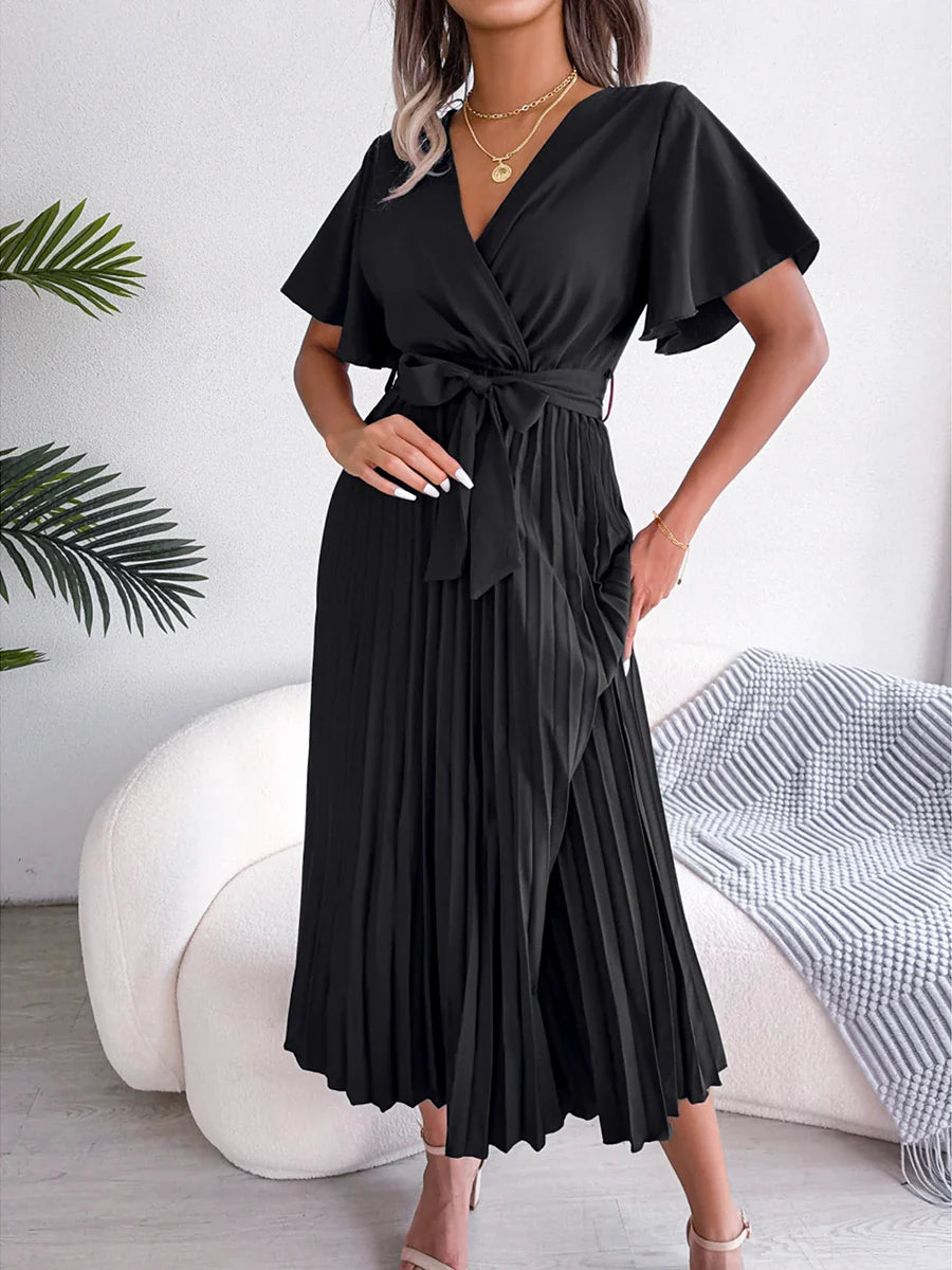 Summer Belted Pleated V Neck Short Flounce Sleeve Casual Solid Color Maxi Elegant Dress