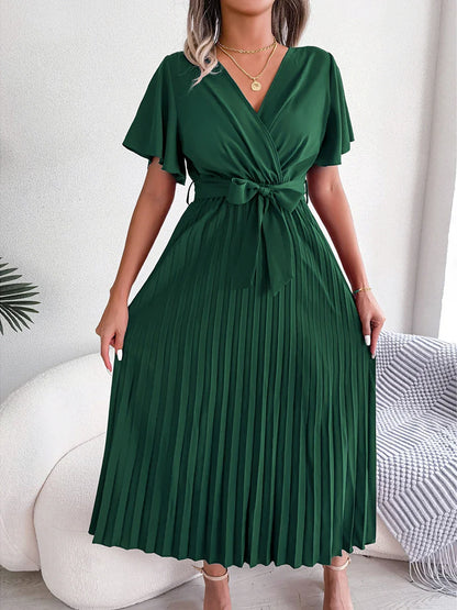 Summer Belted Pleated V Neck Short Flounce Sleeve Casual Solid Color Maxi Elegant Dress