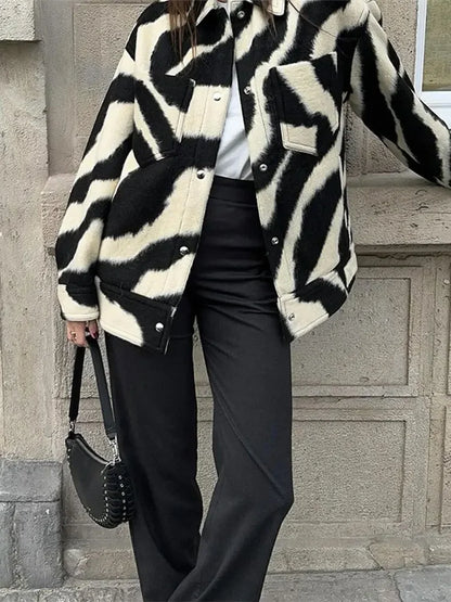 Elegant Zebra Printed Single Breasted Fashion Lapel Long Sleeves Loose Autumn Chic Stylish Coat