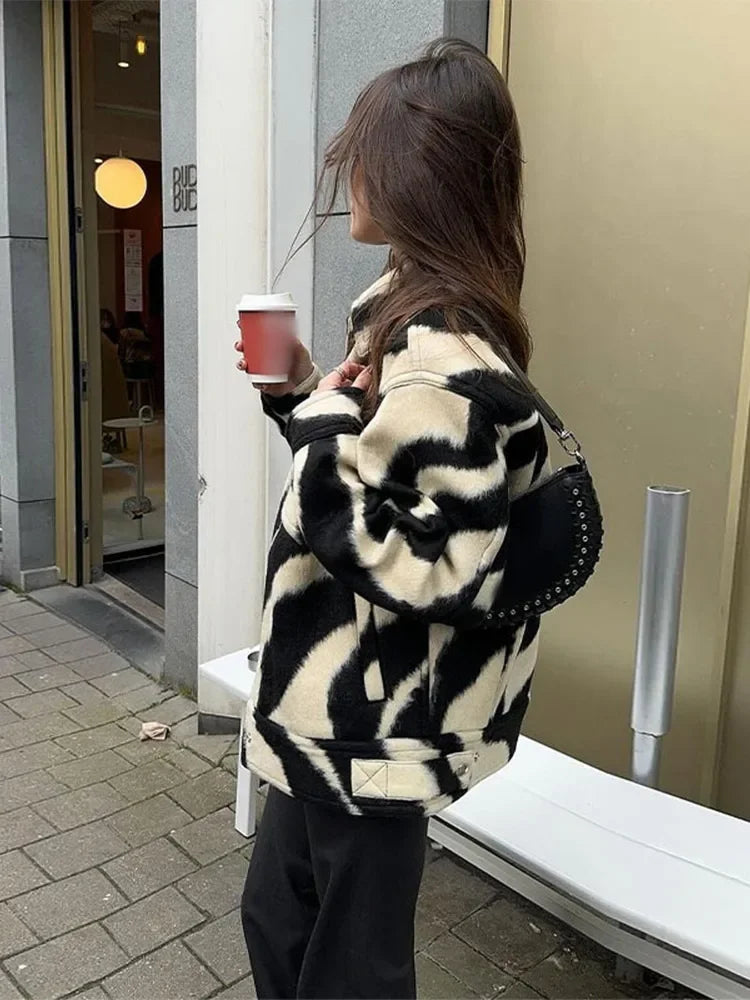 Elegant Zebra Printed Single Breasted Fashion Lapel Long Sleeves Loose Autumn Chic Stylish Coat