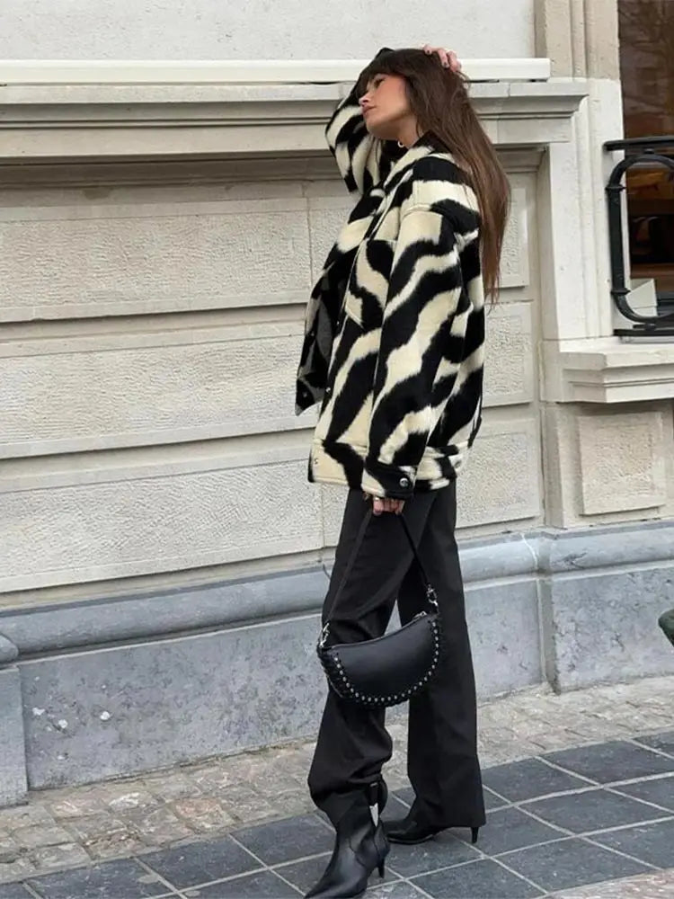 Elegant Zebra Printed Single Breasted Fashion Lapel Long Sleeves Loose Autumn Chic Stylish Coat