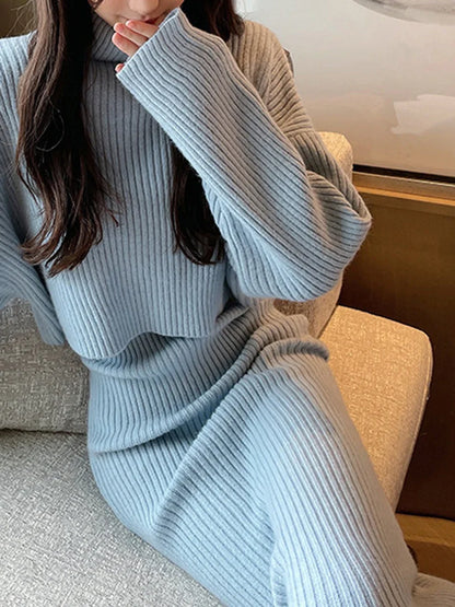 Winter Knitted Two Piece Turtleneck Long Sleeve Ribbed Sweater Sleeveless Cami Casual Maxi Fall Dress