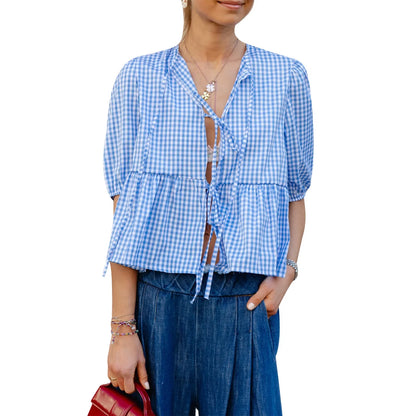 Short Sleeve Tie-up Plaid Loose Elegant Summer Streetwear Fashion Blouse