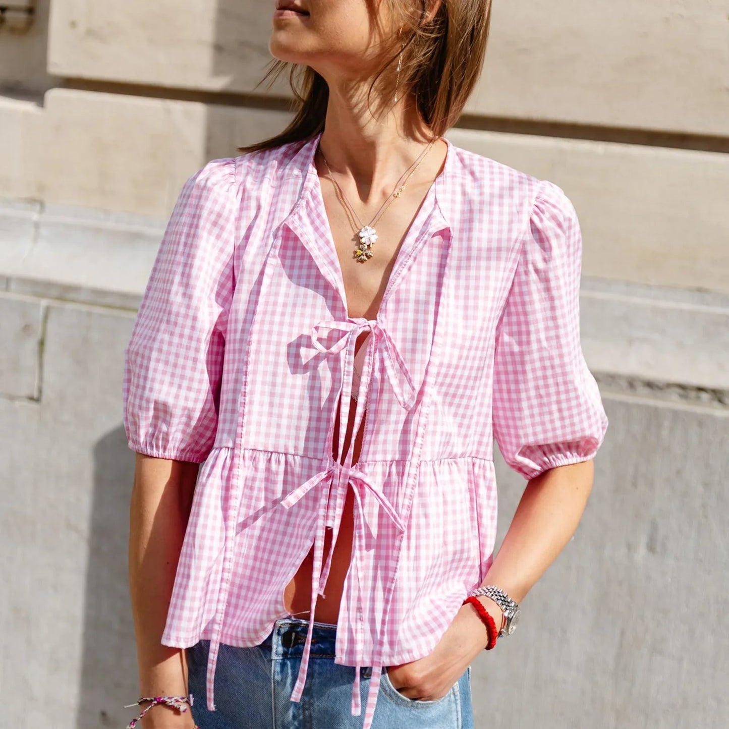 Short Sleeve Tie-up Plaid Loose Elegant Summer Streetwear Fashion Blouse