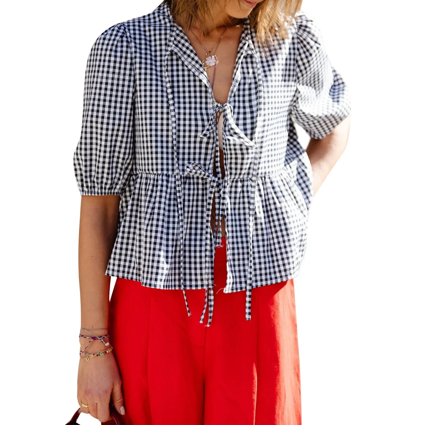 Short Sleeve Tie-up Plaid Loose Elegant Summer Streetwear Fashion Blouse