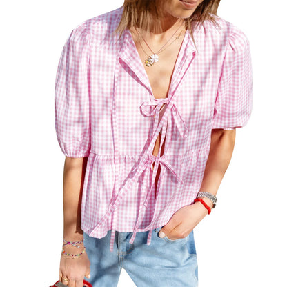 Short Sleeve Tie-up Plaid Loose Elegant Summer Streetwear Fashion Blouse