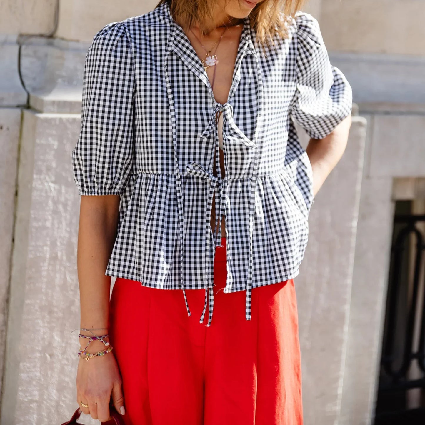 Short Sleeve Tie-up Plaid Loose Elegant Summer Streetwear Fashion Blouse