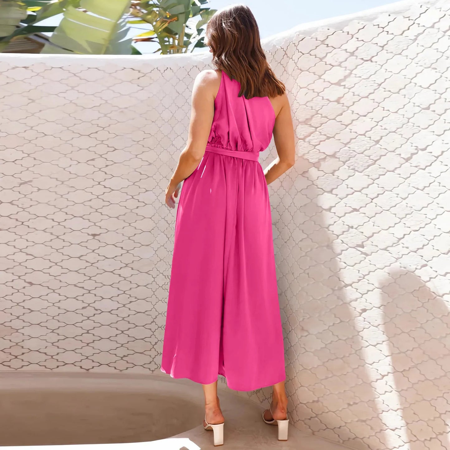 Elegant Slim One Shoulder Metal Ribbon Solid Color Chic Backless Gowns Formal 2024 Midi Fashion Dress