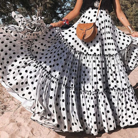 Fashion Polka Dot Printed Loose Ruffled Pleated Holiday Bohemian Women Skirt