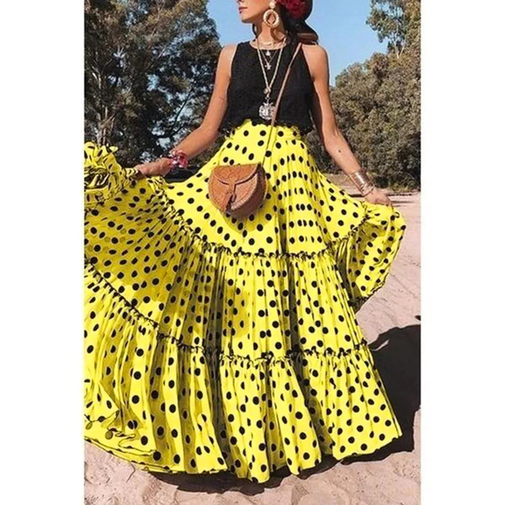 Fashion Polka Dot Printed Loose Ruffled Pleated Holiday Bohemian Women Skirt