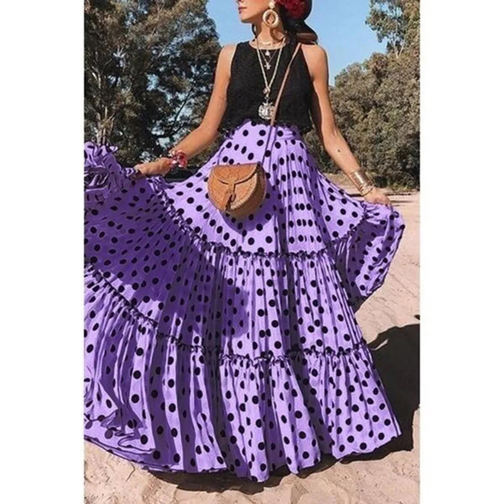 Fashion Polka Dot Printed Loose Ruffled Pleated Holiday Bohemian Women Skirt