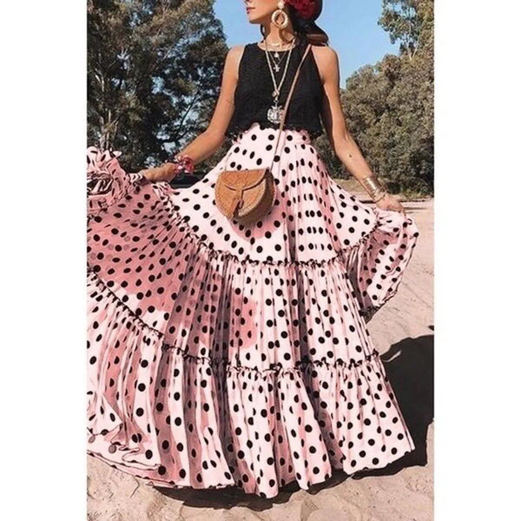 Fashion Polka Dot Printed Loose Ruffled Pleated Holiday Bohemian Women Skirt