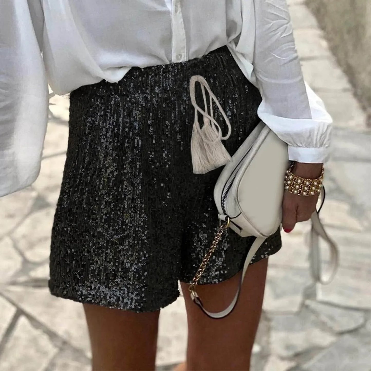 Fashion Sequin High Waist Casual Loose Hot Pants Sparkly Clubwear Night Out Women Short