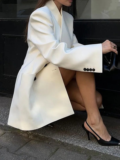 Fashion Solid Stand Collar Loose Long Shoulder Pads Elegant Full Sleeves Chic Stylish Coat