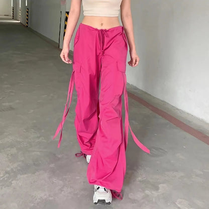 Streetwear Wide High Straight Hot Pink Lace-up Cargo Fashion Pants