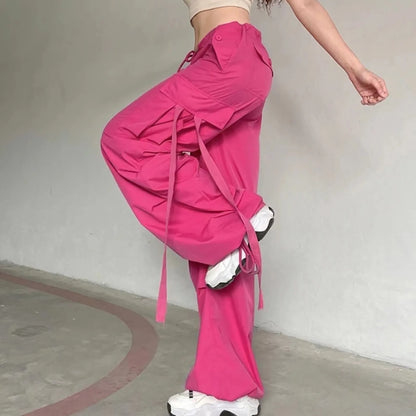 Streetwear Wide High Straight Hot Pink Lace-up Cargo Fashion Pants