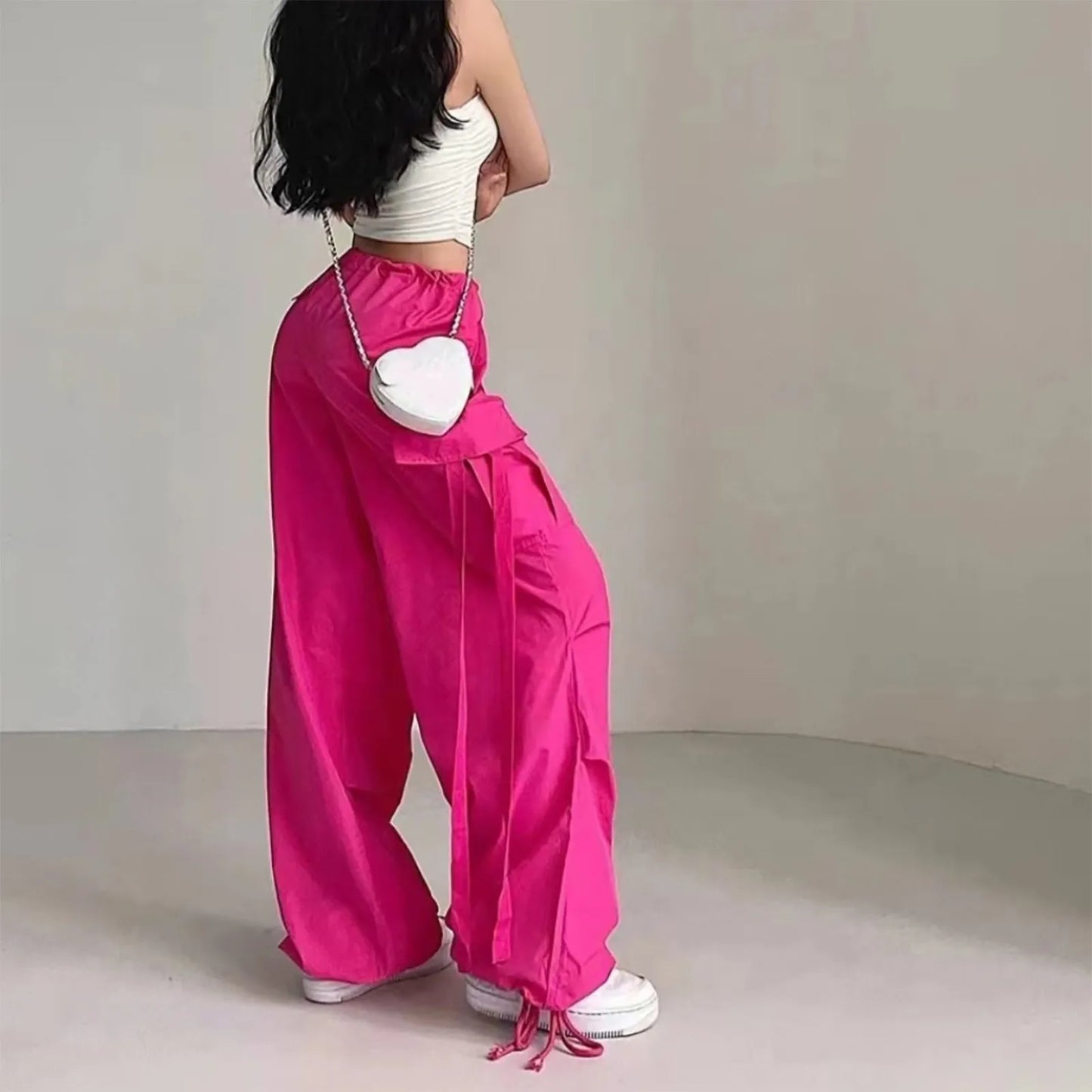 Streetwear Wide High Straight Hot Pink Lace-up Cargo Fashion Pants