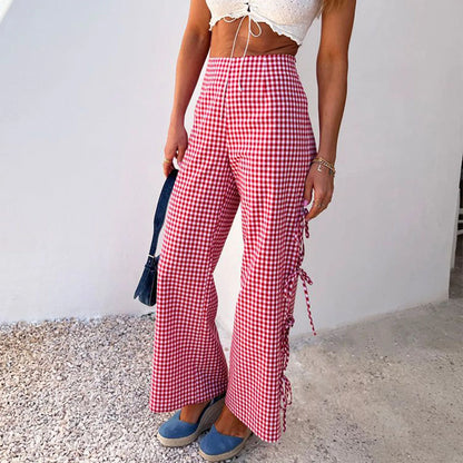 Wide-Leg Plaid Side Tie-Up Hol Low-Out Loose Spring Summer Casual Fashion Pants