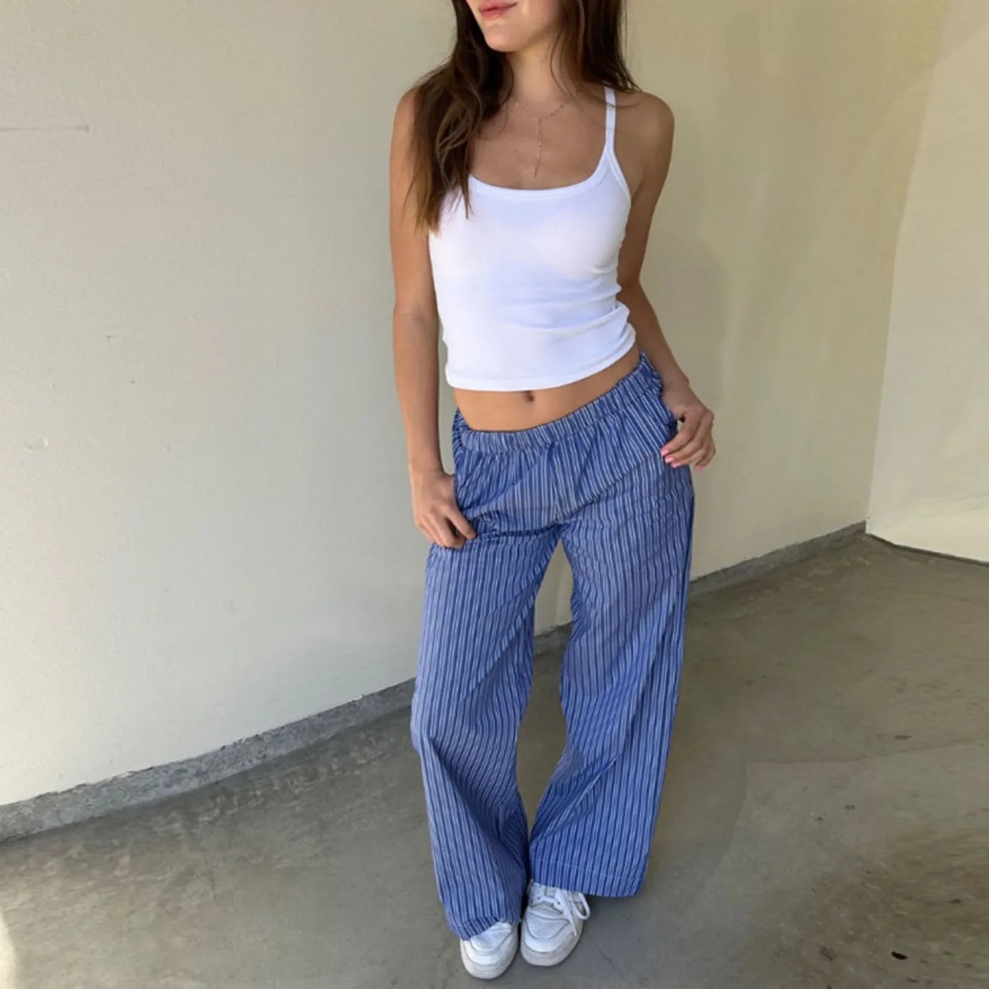 Wide-Leg Stripe Elastic Loose Spring Summer Casual Streetwear Fashion Pants