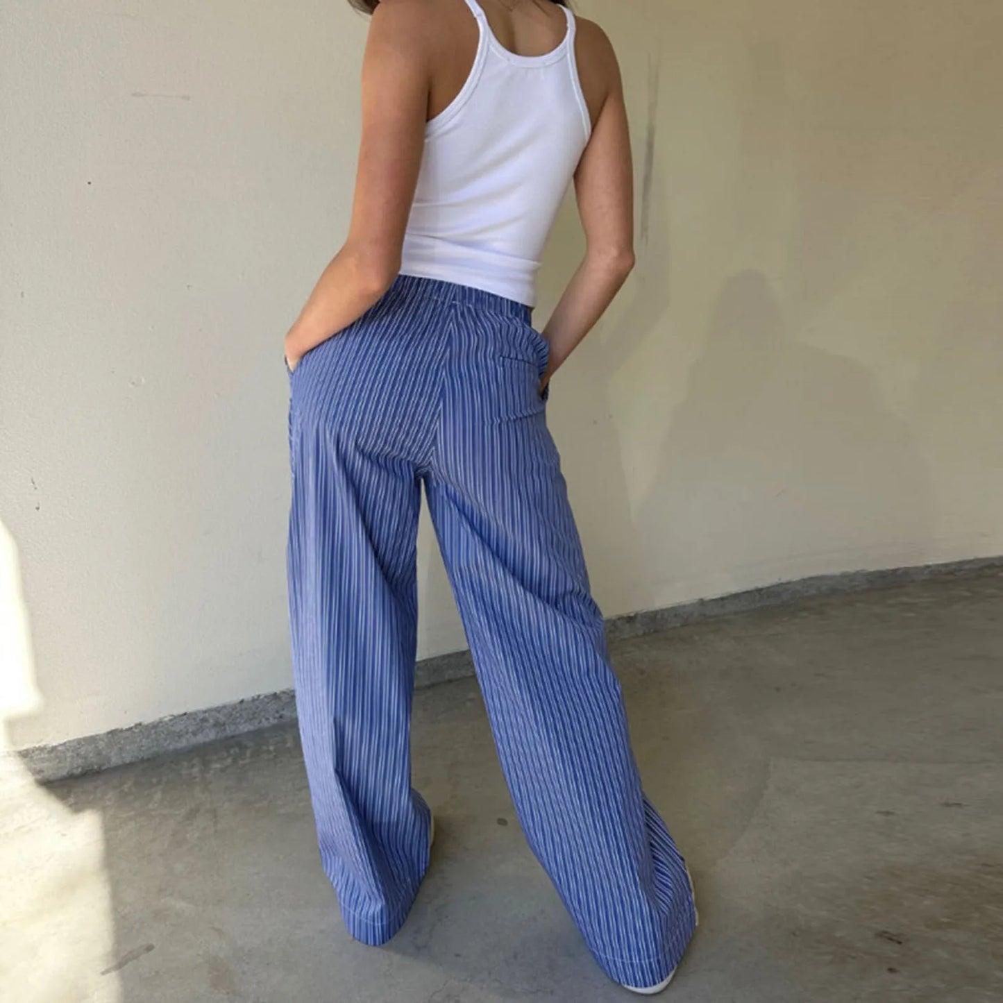 Wide-Leg Stripe Elastic Loose Spring Summer Casual Streetwear Fashion Pants