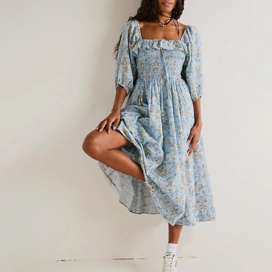 Summer Ruffles Square Neck 3/4 Sleeve Party A-Line Beach Cocktail Club Maxi Floral Dress