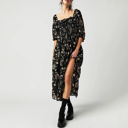 Summer Ruffles Square Neck 3/4 Sleeve Party A-Line Beach Cocktail Club Maxi Floral Dress