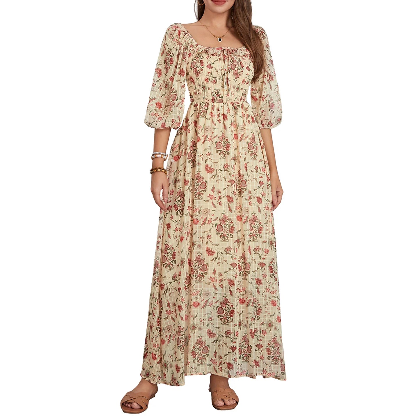 Summer Ruffles Square Neck 3/4 Sleeve Party A-Line Beach Cocktail Club Maxi Floral Dress