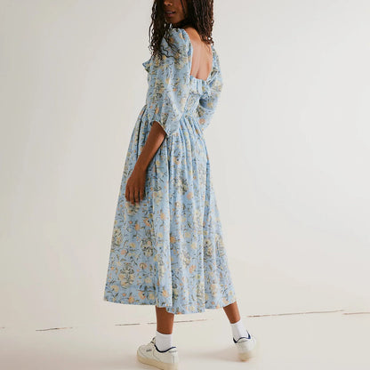 Summer Ruffles Square Neck 3/4 Sleeve Party A-Line Beach Cocktail Club Maxi Floral Dress