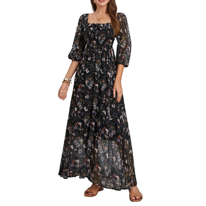 Summer Ruffles Square Neck 3/4 Sleeve Party A-Line Beach Cocktail Club Maxi Floral Dress