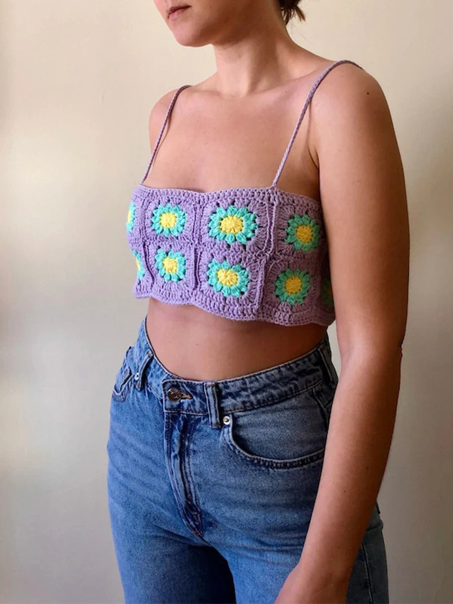 Crochet Knit Colorful Spaghetti Straps Backless Clubwear Crop Flower Top