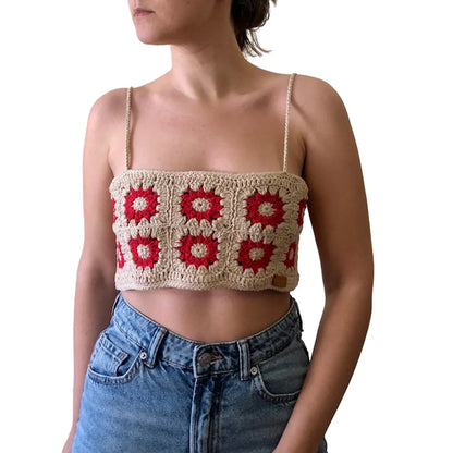 Crochet Knit Colorful Spaghetti Straps Backless Clubwear Crop Flower Top