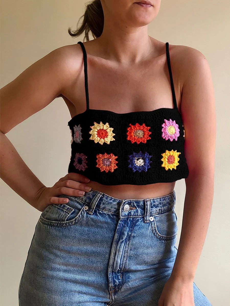 Crochet Knit Colorful Spaghetti Straps Backless Clubwear Crop Flower Top