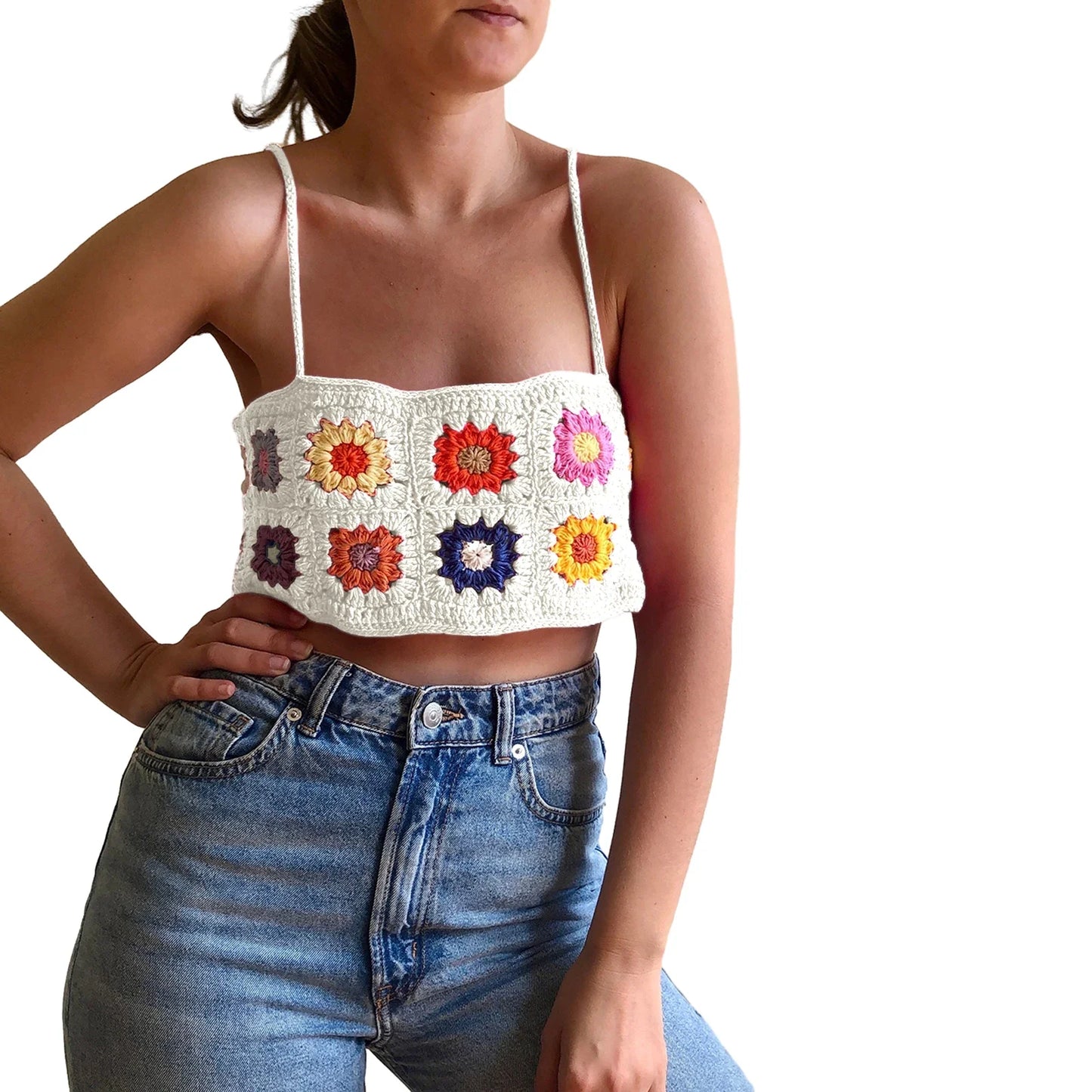 Crochet Knit Colorful Spaghetti Straps Backless Clubwear Crop Flower Top