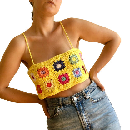 Crochet Knit Colorful Spaghetti Straps Backless Clubwear Crop Flower Top